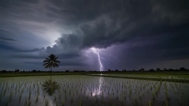 Dramatic Lightning Strike Illuminates a Stormy Night Sky Over a Serene Rice Paddy Field, Reflecting the Intense Power of Nature and a Lone Palm Tree