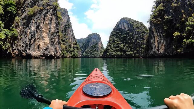 Kayaking through serene green waters landscape.