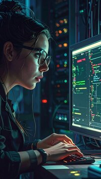 A woman works on a computer in a dark room with server racks