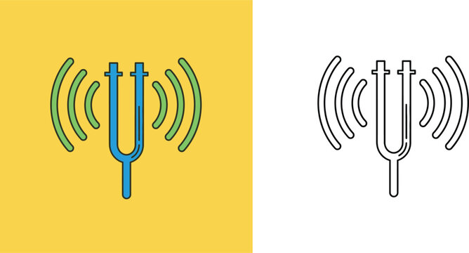 Tuning Fork with Sound Waves Illustration in Colored and Outline Styles for Physics Education Music Resonance and Acoustic Science Demonstration