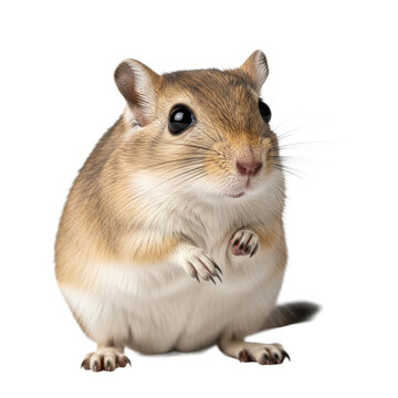 Macro close-up of a plump, fawn-colored mongolian gerbil, sitting upright, attentively, against a transparent studio background with copy space. concept of charming domestic pet photography