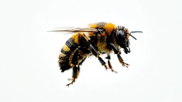 Detailed macro shot of a honeybee mid-flight hovering gracefully against a pure white studio background showcasing wings and fuzzy yellow and black striped body in sharp focus.