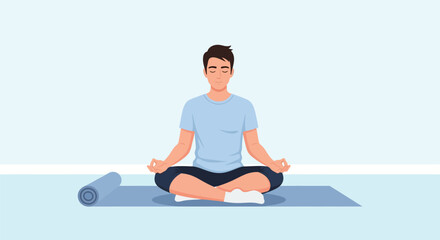 Fototapeta premium Young Man Meditating in Lotus Pose on Yoga Mat, Mindfulness and Mental Wellness Vector Illustration