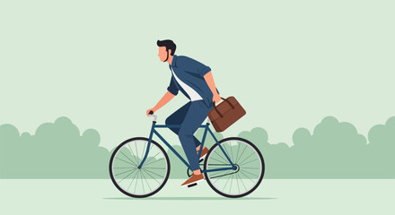 Fototapeta premium Young Professional Businessman Commuting to Work on a Bicycle, Flat Vector Illustration of Eco-Friendly Urban Transport and Active Lifestyle