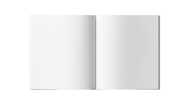 A clean open book with empty white pages spread flat for professional design and layout project isolated on transparent background,png
