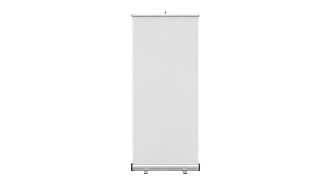 A tall vertical pull up banner stand with a blank white surface for displaying promotional graphics isolated on transparent background,png