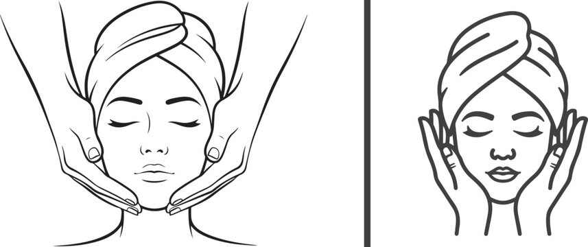 Minimalist line art vector of a woman receiving a facial massage and applying skincare. Elegant black and white illustrations for spa, beauty, and wellness branding.