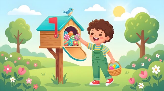 A happy little boy discovering colorful Easter eggs inside a wooden mailbox in a sunny spring garden. Whimsical storybook style illustration of a young child enjoying an Easter egg hunt surprise."