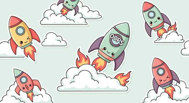 cute cartoon rockets in kawaii style flying and crashing into clouds one displaying an oops error ideal for playful space adventures.