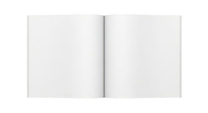 A top down view of an open notebook with two blank white pages spread out flat for your design isolated on transparent background,png