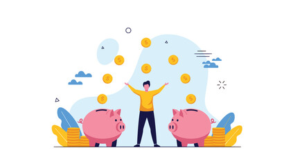 Fototapeta premium Happy man standing between two large piggy banks as gold coins rain down on him for financial abundance.