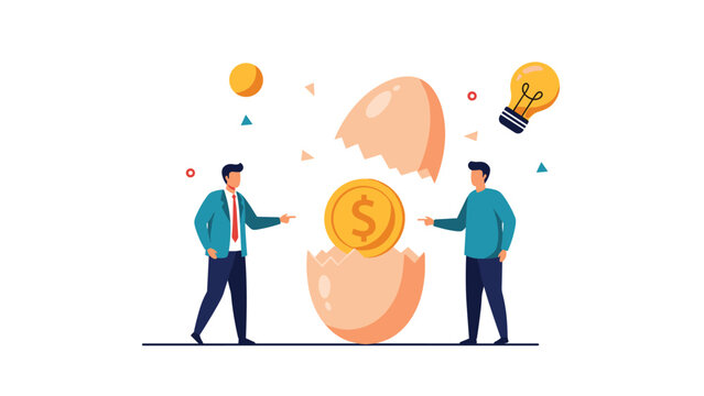 Two businessmen pointing at a large gold dollar coin emerging from a cracked eggshell for a startup investment.