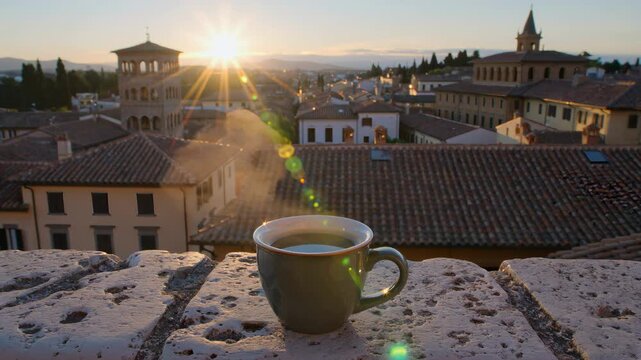Morning coffee cup on a ledge overlooking a historic Italian town at sunrise. Seamless looping 4k video background