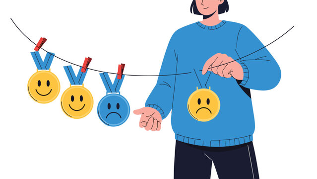 Person hanging medals with smiley and frowny faces on a clothesline to evaluate feedback and performance reviews.
