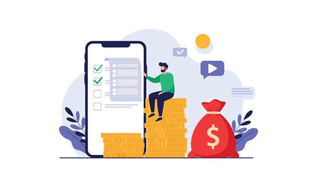 Man sitting on a stack of coins next to a giant smartphone with a checklist and a large red money bag.