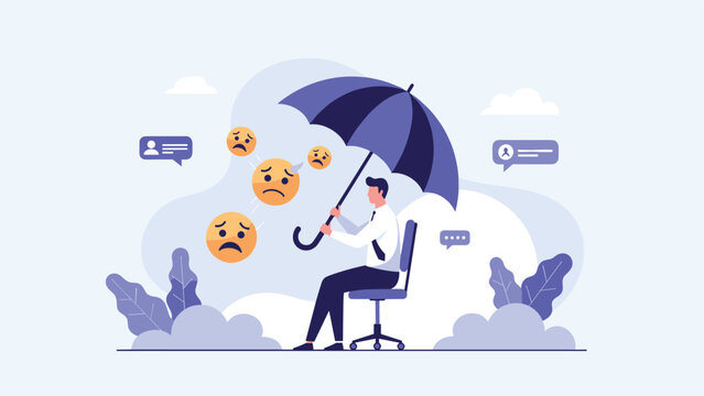 Businessman sitting in a chair holding an umbrella to protect himself from falling frowny face icons for wellness.