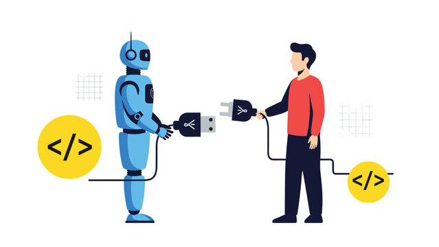 Man and a robot holding power plugs while facing each other with gold code icons for human robot interaction.