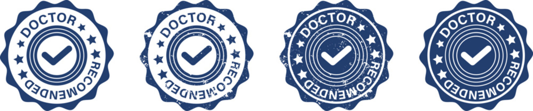 A set of four circular blue badge icons featuring a doctor recommended checkmark design style isolated on transparent background, Vector