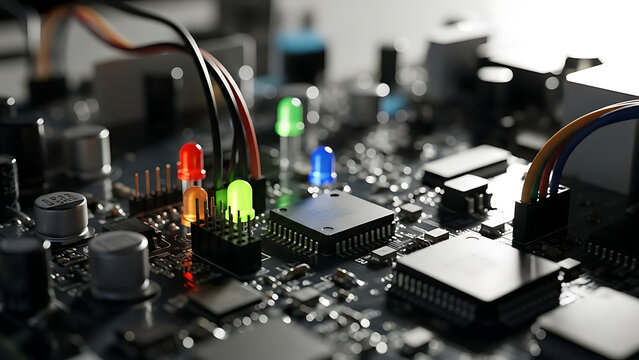 close-up of a dark electronic circuit board with multiple microchips, transistors, and colorful led lights glowing brightly