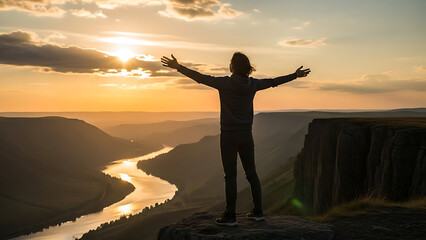 Fototapeta premium Silhouette of man standing on mountain cliff with arms outstretched overlooking river valley at sunset majestic landscape scenic view freedom inspiration adventure travel explore nature