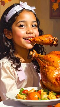 A young girl enjoys a roasted turkey
