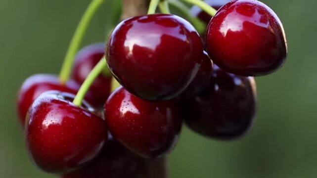 Close orbiting move around a cluster of deep red cherries on a stem with morning dew concept of jewel like gloss and early summer harvest