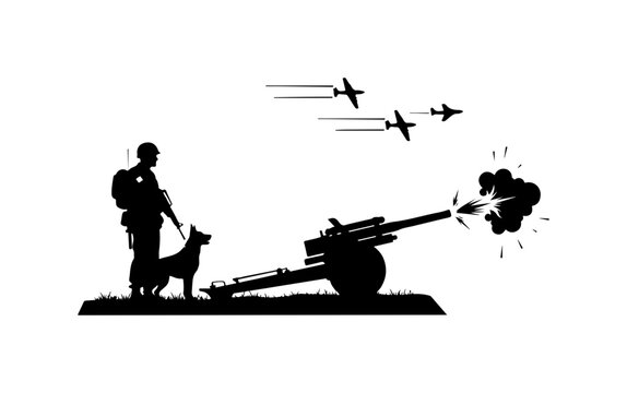 Soldier Operating Artillery Gun with Dog