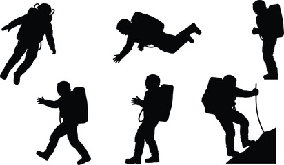 Astronaut silhouettes set vector illustration, space explorer poses in zero gravity and walking isolated design collection © Sabina