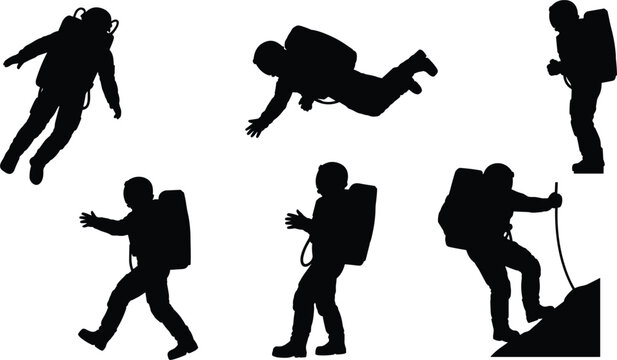 Astronaut silhouettes set vector illustration, space explorer poses in zero gravity and walking isolated design collection