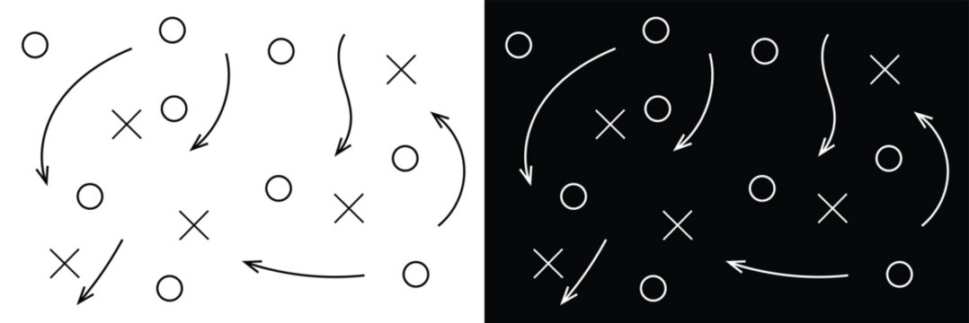 Soccer Match game strategy and tactic plan line icon. isolated on white and black background. Playbook of coach. Strategic organization on field for learning. Vector graphics. Vector illustration . 
