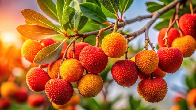 A photo of a fruiting arbutus unedo tree with vibrant redorange berries hanging from its branches in the warm sunlight The trees dark green foliage