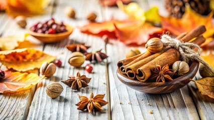 Fototapeta premium A photo of autumn spices and nuts on white wood