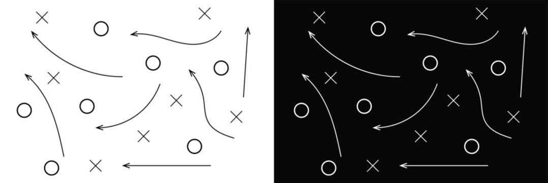 Soccer Match game strategy and tactic plan line icon. isolated on white and black background. Playbook of coach. Strategic organization on field for learning. Vector graphics. Vector illustration . 