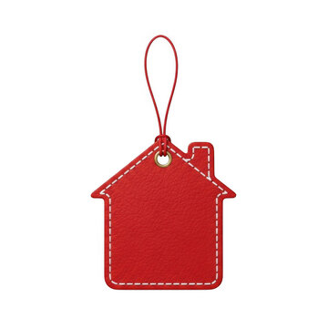A vibrant red leather tag shaped like a small house with white stitching around the perimeter and a red string loop attached to a brass metal eyelet,png