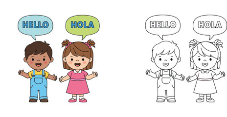 Bilingual Children Greeting with Hello and Hola Speech Bubbles, Colored and Line Art Illustration for Kids Coloring Page, Language Learning and Multicultural Concept © MSTA