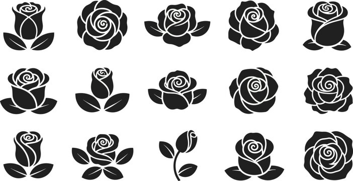 Elegant rose silhouette icon collection, sixteen floral vector designs, blooming flower illustration, decorative botanical art, modern flat vector illustration