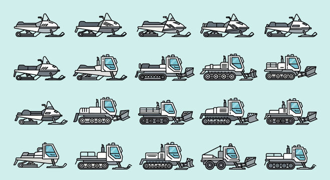 Set of Snowmobiles and Snow Groomers Icons