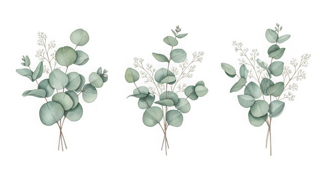 Watercolor eucalyptus leaves and branches isolated on transparent background for design