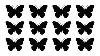 A collection of twelve symmetrical black butterflies arranged in a grid pattern © MDSUJON