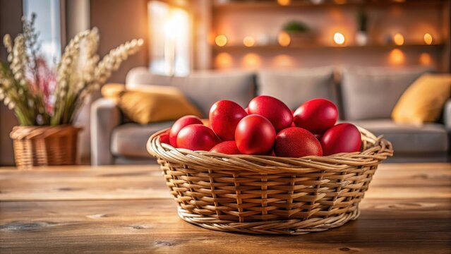 A photo of a wicker basket filled with red Easter eggs on a wooden table in a cozy living room