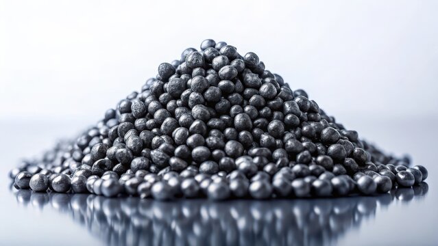 A photo of a pile of iron ore pellets, dark gray and smooth, arranged in a conical shape, with each pellet having a metallic sheen, under a bright whi