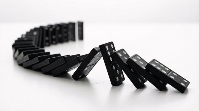 Cascading domino tiles captured elegantly in a rapid falling sequence represent cause and effect mechanics and broad market ripple forces.