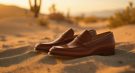 Naklejka premium Elegant brown loafers rest on sand, bathed in golden desert sunset light, cactus background
