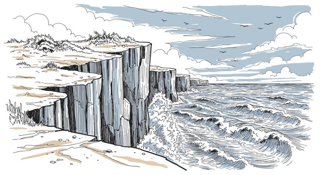 Coastal Cliff Landscape Illustration with Crashing Ocean Waves