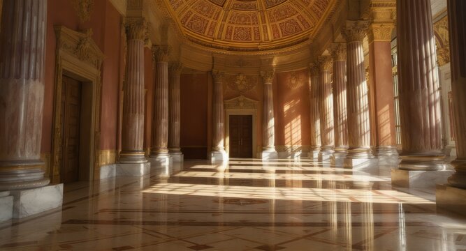 Grand, sunlit hall with columns, domed ceiling, and polished marble floor