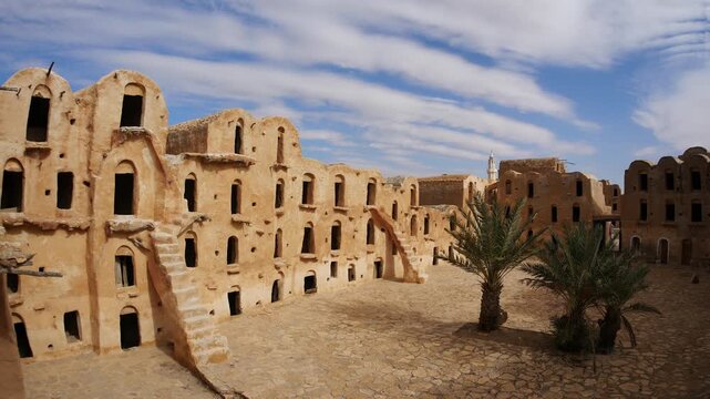 Panorama: Ancient ksar of Houled Soltane in southern Tunisia, featuring traditional Berber mudbrick granaries and arched storage rooms, showcasing Saharan architecture, history, and cultural heritage