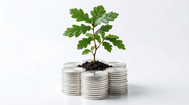 Flourishing oak sapling emerging vibrantly from a stack of silver coins clearly illustrates financial investment and sustainable growth.