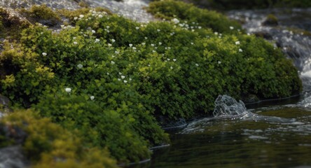 Fototapeta premium Green moss and flowering plants fringe a rocky stream. Sunlight illuminates