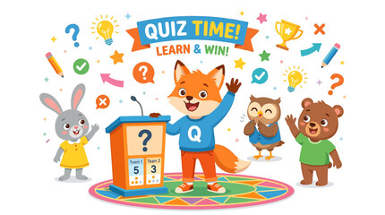 Fototapeta premium Cute Animals Play Quiz Game, Learn & Win, Education Concept