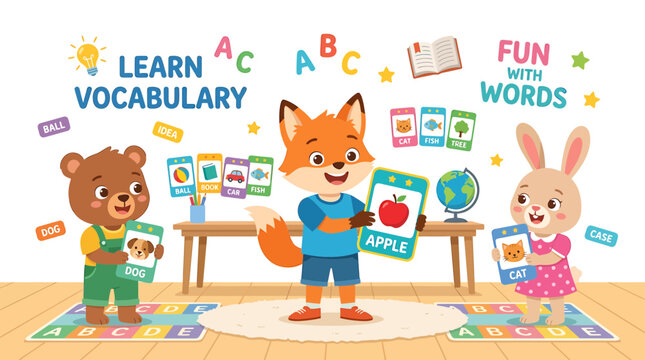 Cute Animals Learning Vocabulary with Flashcards, ABCs, and Educational Games
